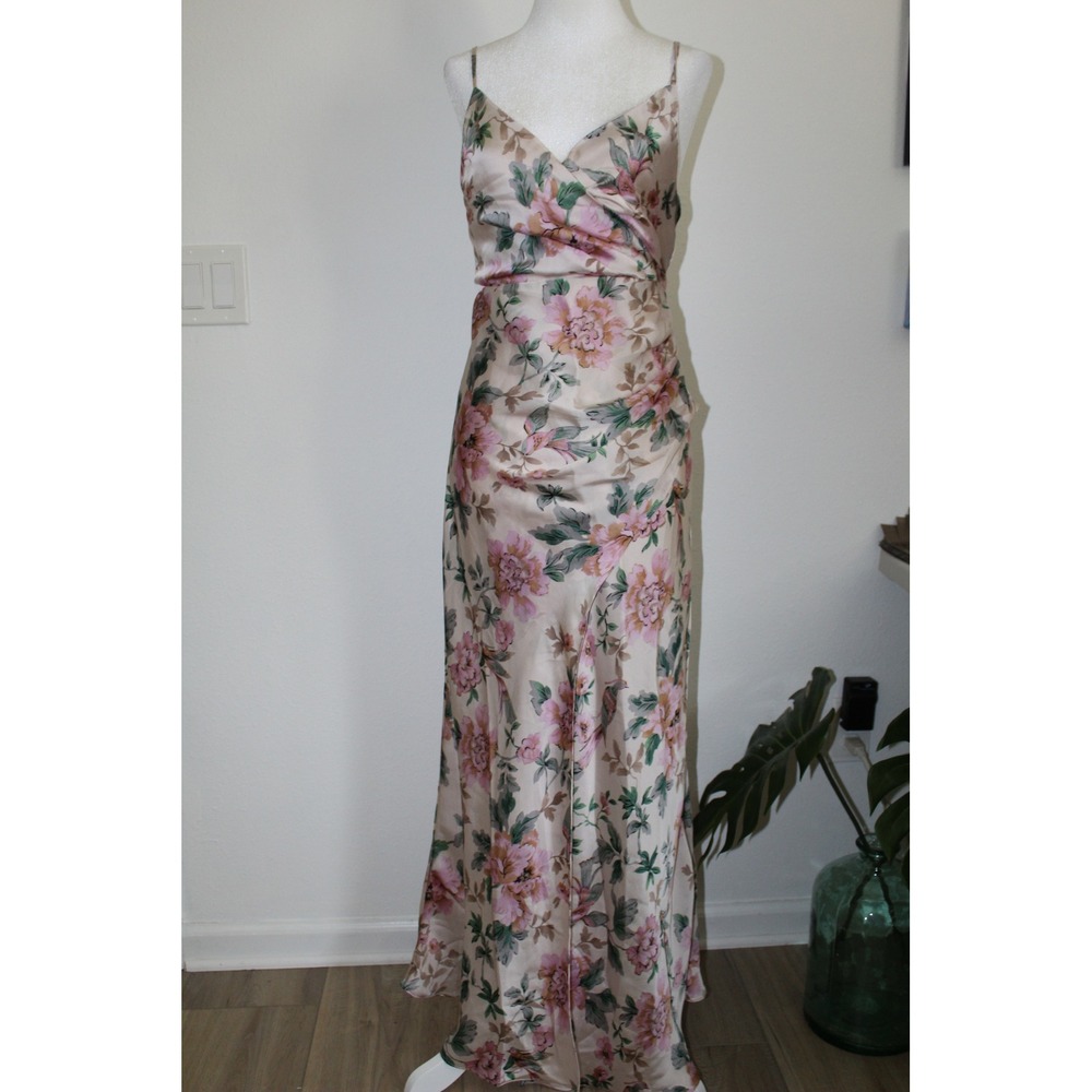 Baltic Born Annabel Satin Dress Pink Green Floral Maxi Gown Ruched Small NWT